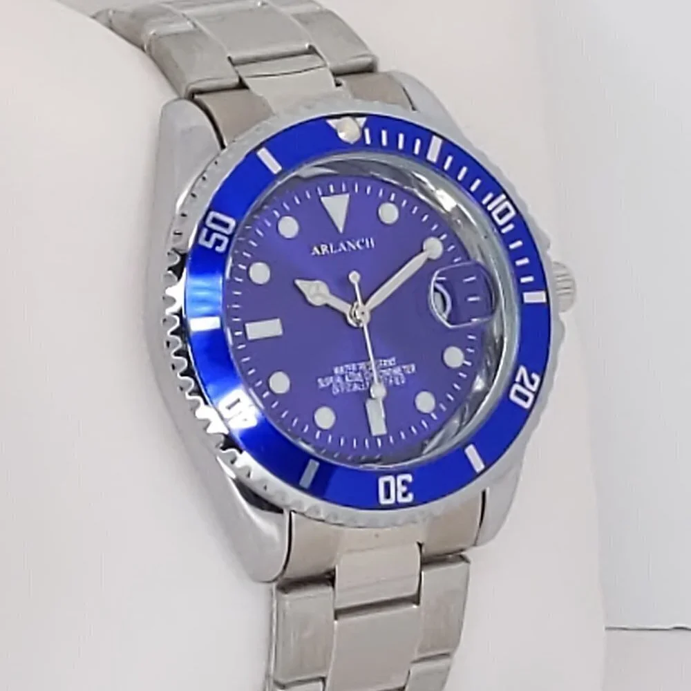 Men's Diver Style Watch Blue Uni-directional Bezel Stainless Bracelet 40mm